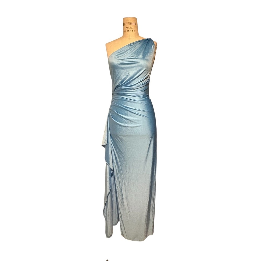 Oys Baby Blue Ruched Waist Adjustable One Shoulder Summer Wedding Dress Sz M NWT